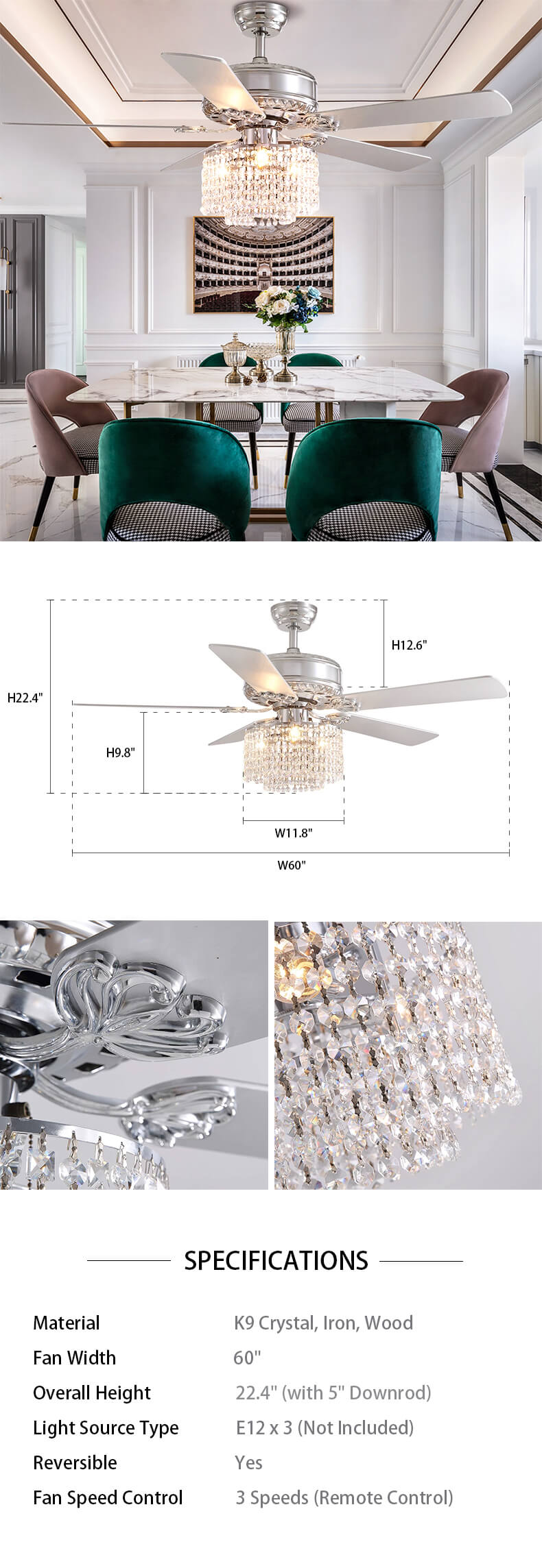 5 Blades Crystal Reversible Ceiling Fan Dimension