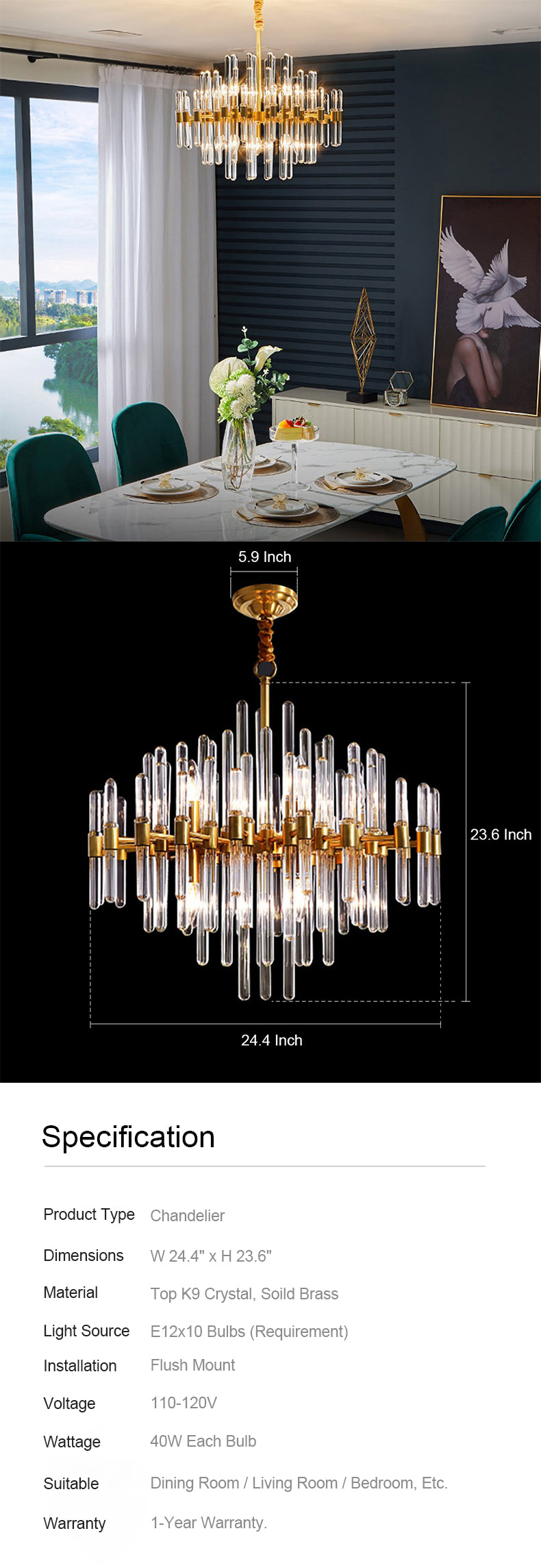 Gold Crystal Chandelier Brass