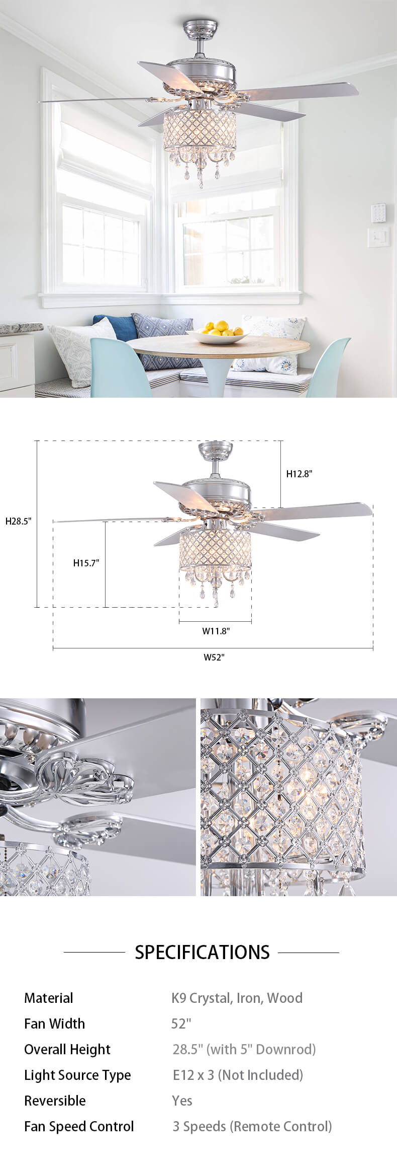 Chrome Blade Crystal Ceiling Fan Dimensions