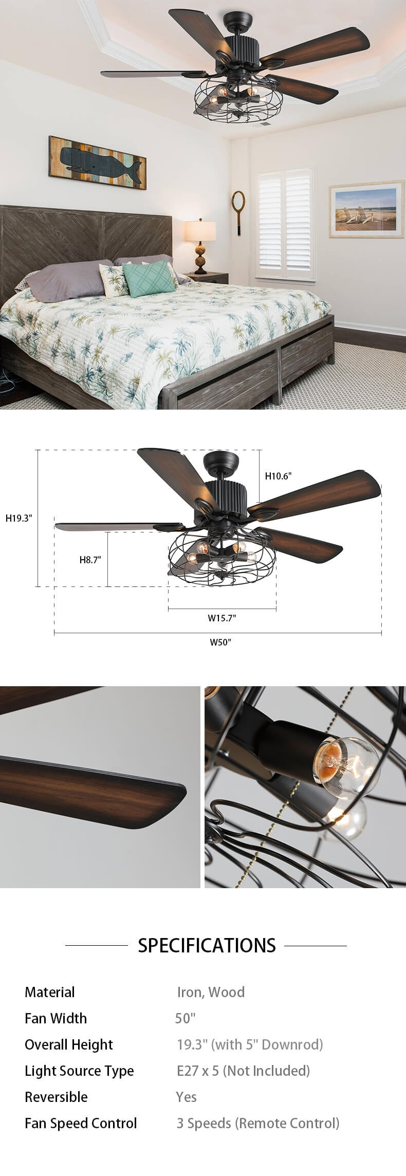 Industrial Chandelier Ceiling Fan with Reversible Blades Dimension