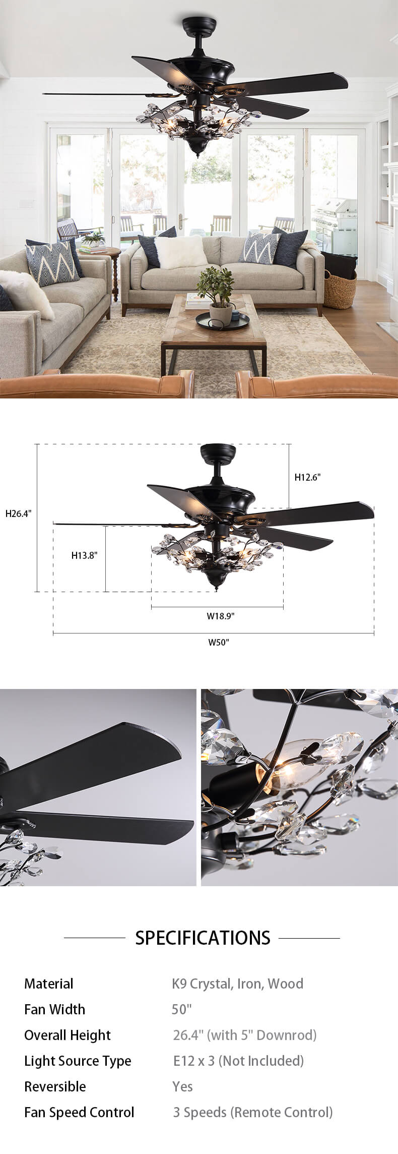 Reversible Ceiling Fan Combo with Crystal Dimension