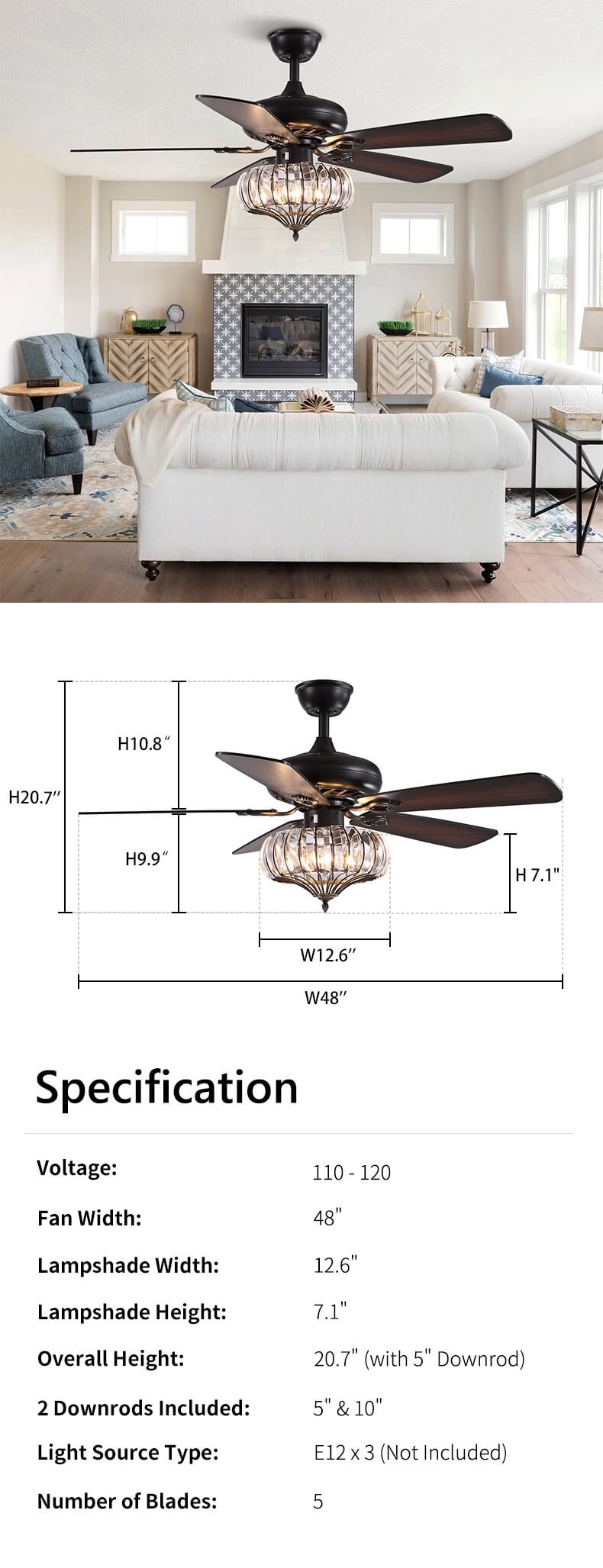 Reversible Wood Blades Ceiling Fan Dimension