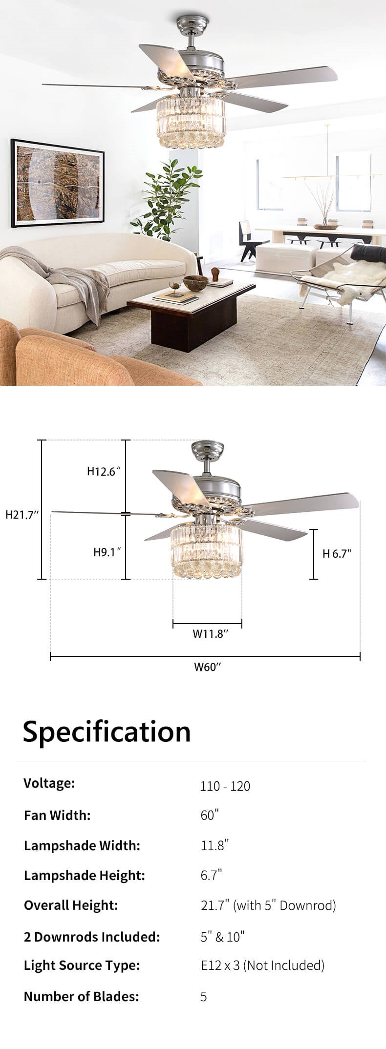 reversible ceiling fan with chrome wood blades dimensions