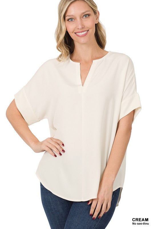 ZENANA Heavy Woven Span Split Neck Short Sleeve Top