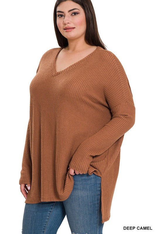 ZENANA Plus Brushed Thermal Waffle V-Neck Sweater