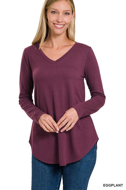 ZENANA Long Sleeve V-Neck Round Hem Top