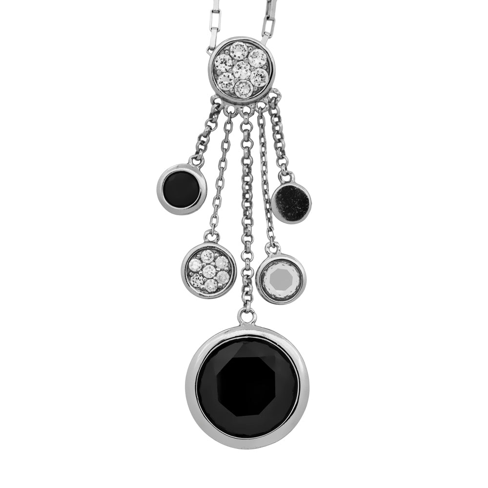 Sterling Silver Pendant Featuring Multiple Circle Charms Set With Black Stones & A Cubic Zirconia Bale