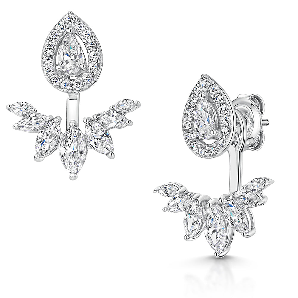 Sterling Silver Cubic Zirconia Pear Drop  Marquise Jacket Earrings