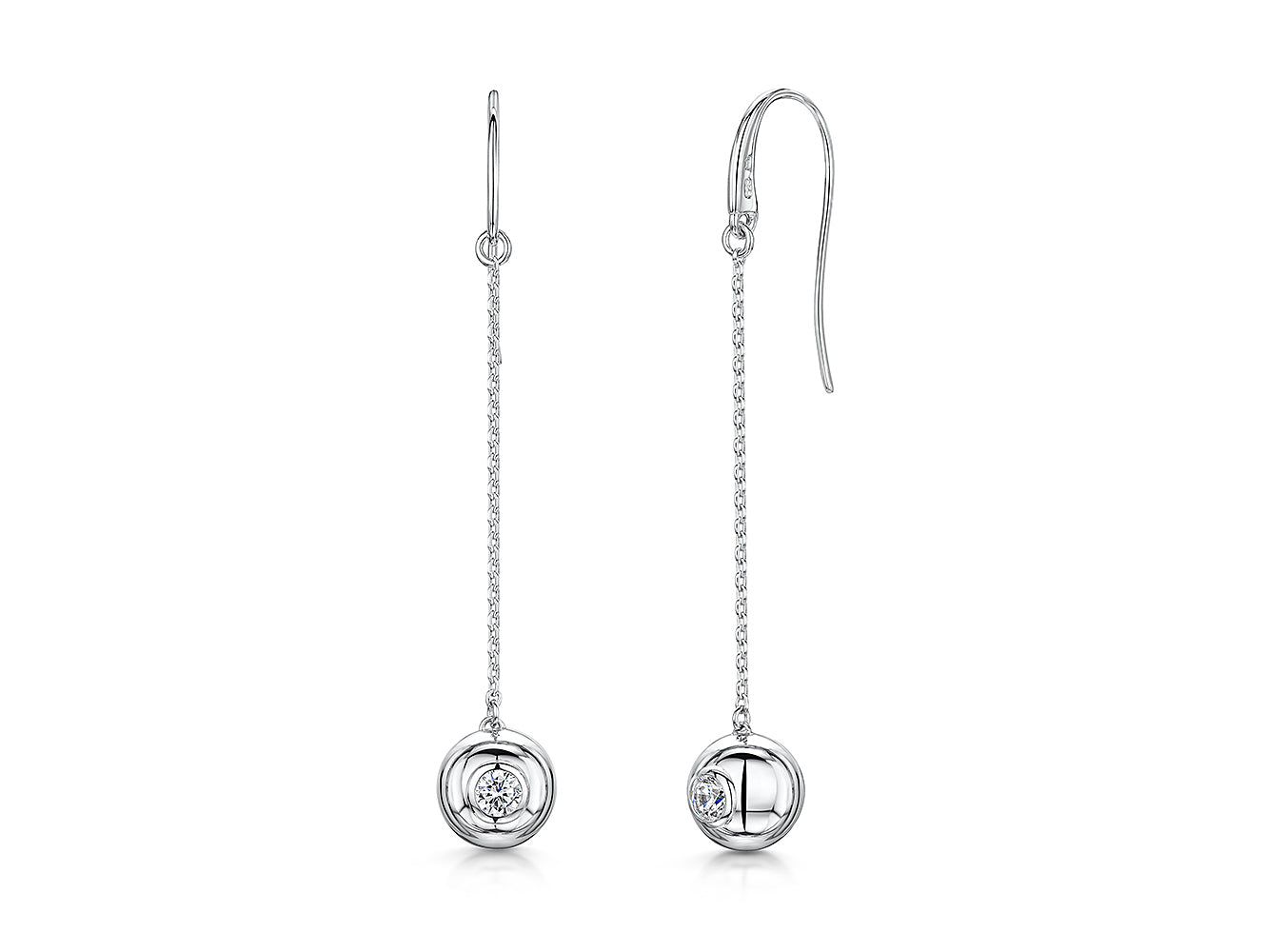 Sterling Silver Medium Ball & Long Chain Drop Earring Set With Cubic Zirconia
