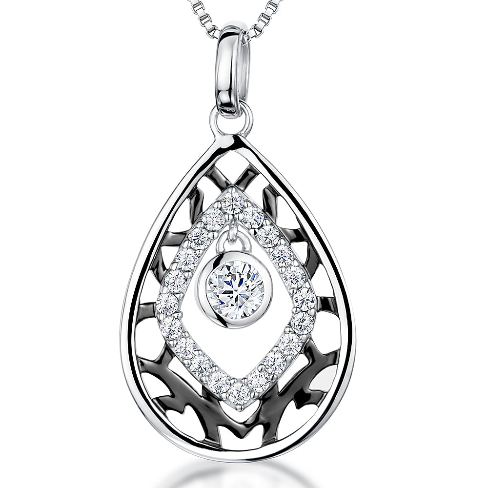 Sterling Silver & Black Teardrop Pendant With Cubic Zirconia