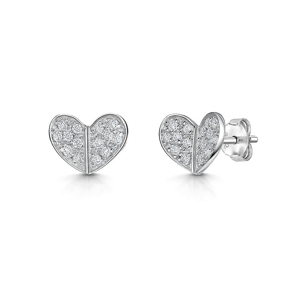 Sterling Silver Pave Heart Stud Earrings