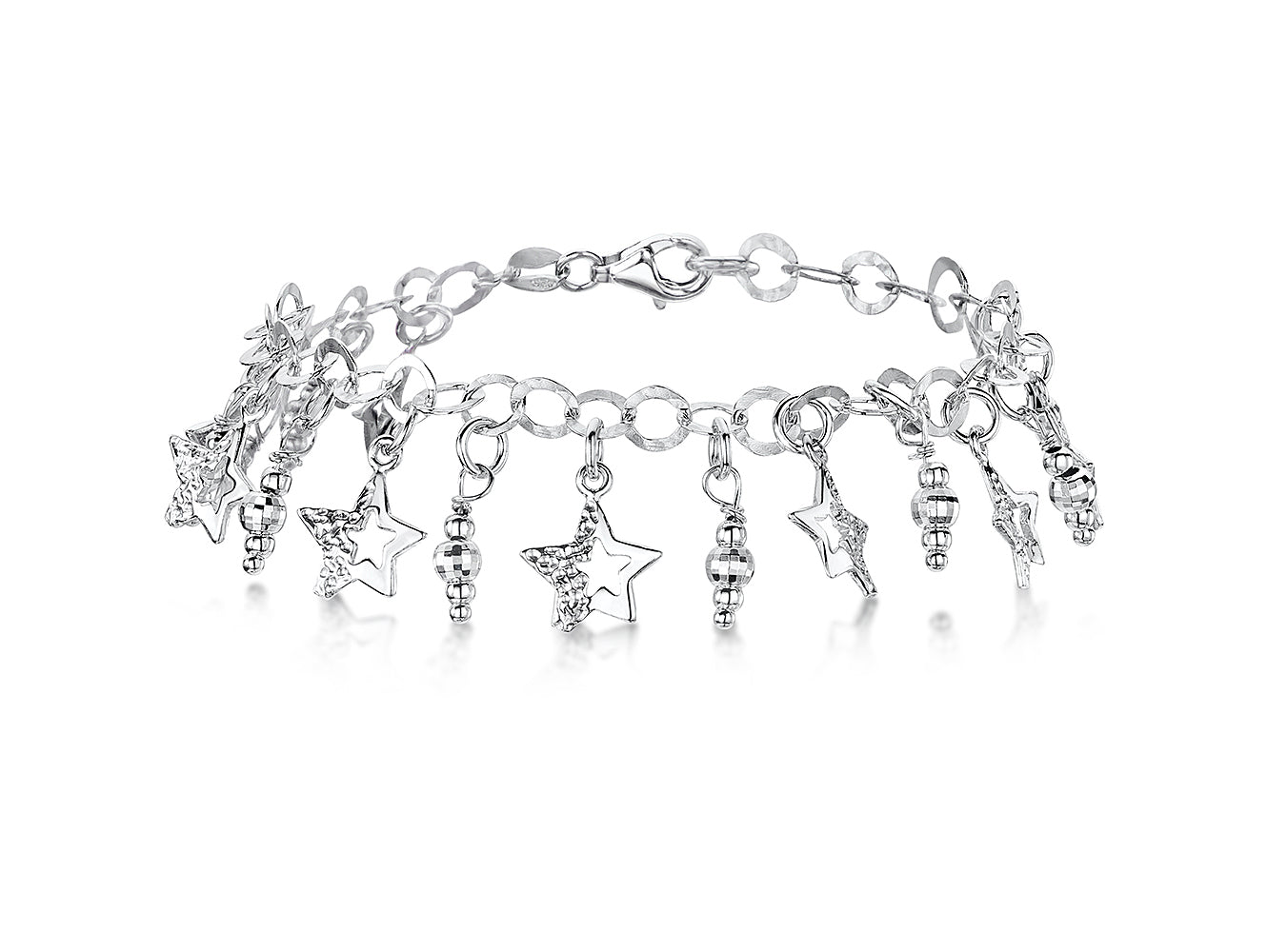 Sterling Silver And Cubic Zirconia Charm Style Bracelet With Dangly Stars