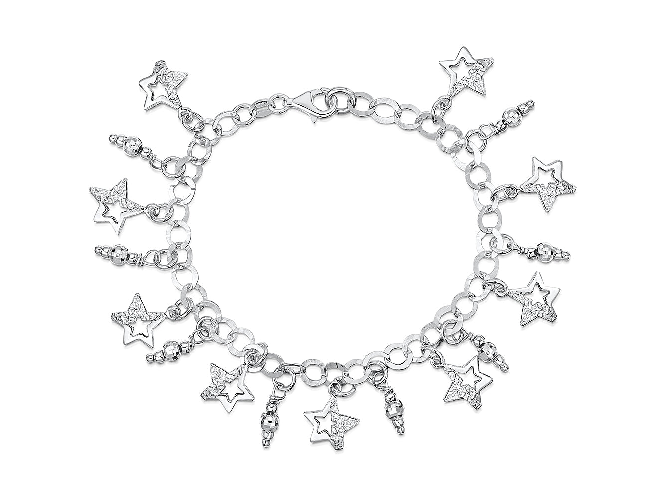 Sterling Silver And Cubic Zirconia Charm Style Bracelet With Dangly Stars