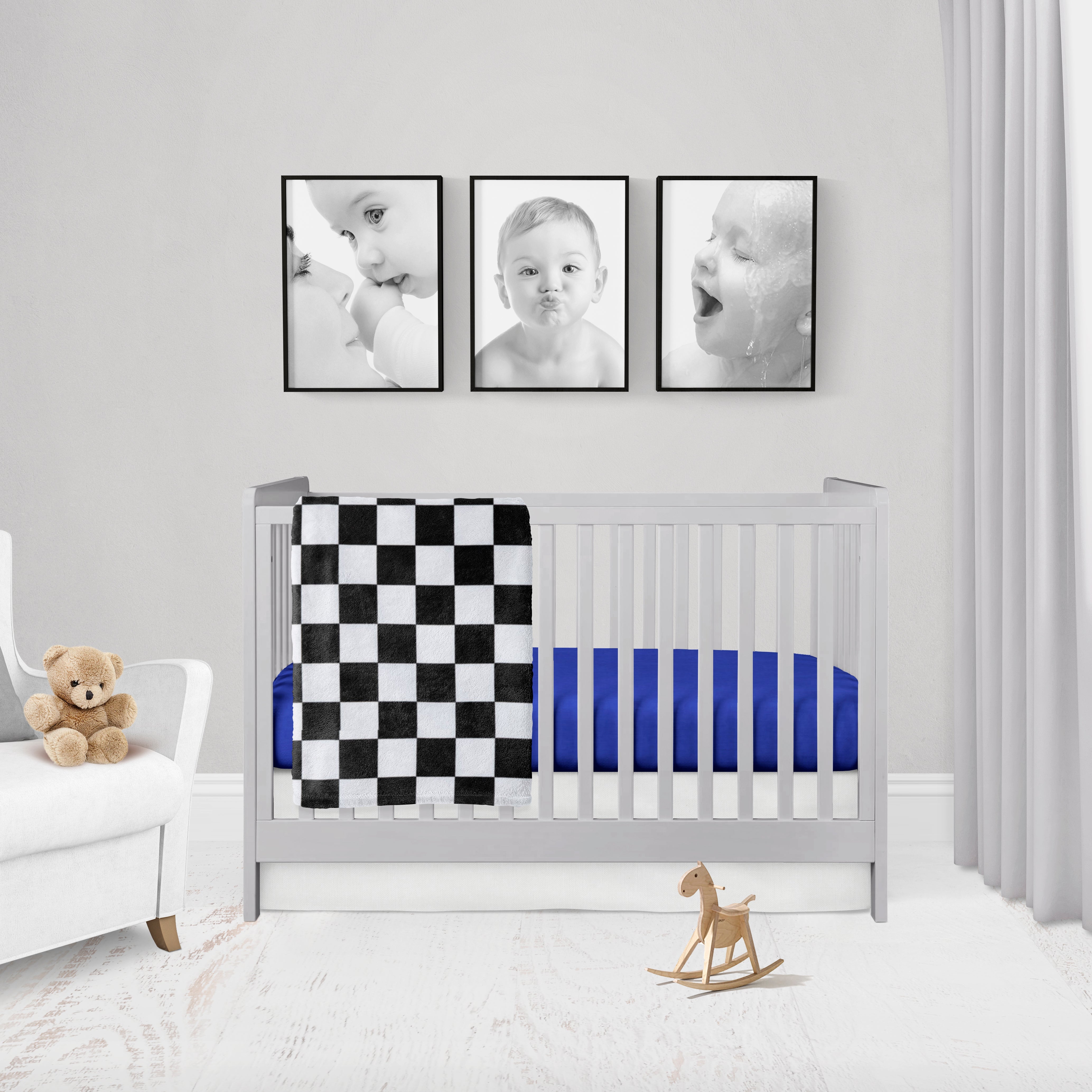 Racing Check Crib Bedding 2-Piece Set, Checkered Blanket Black and White