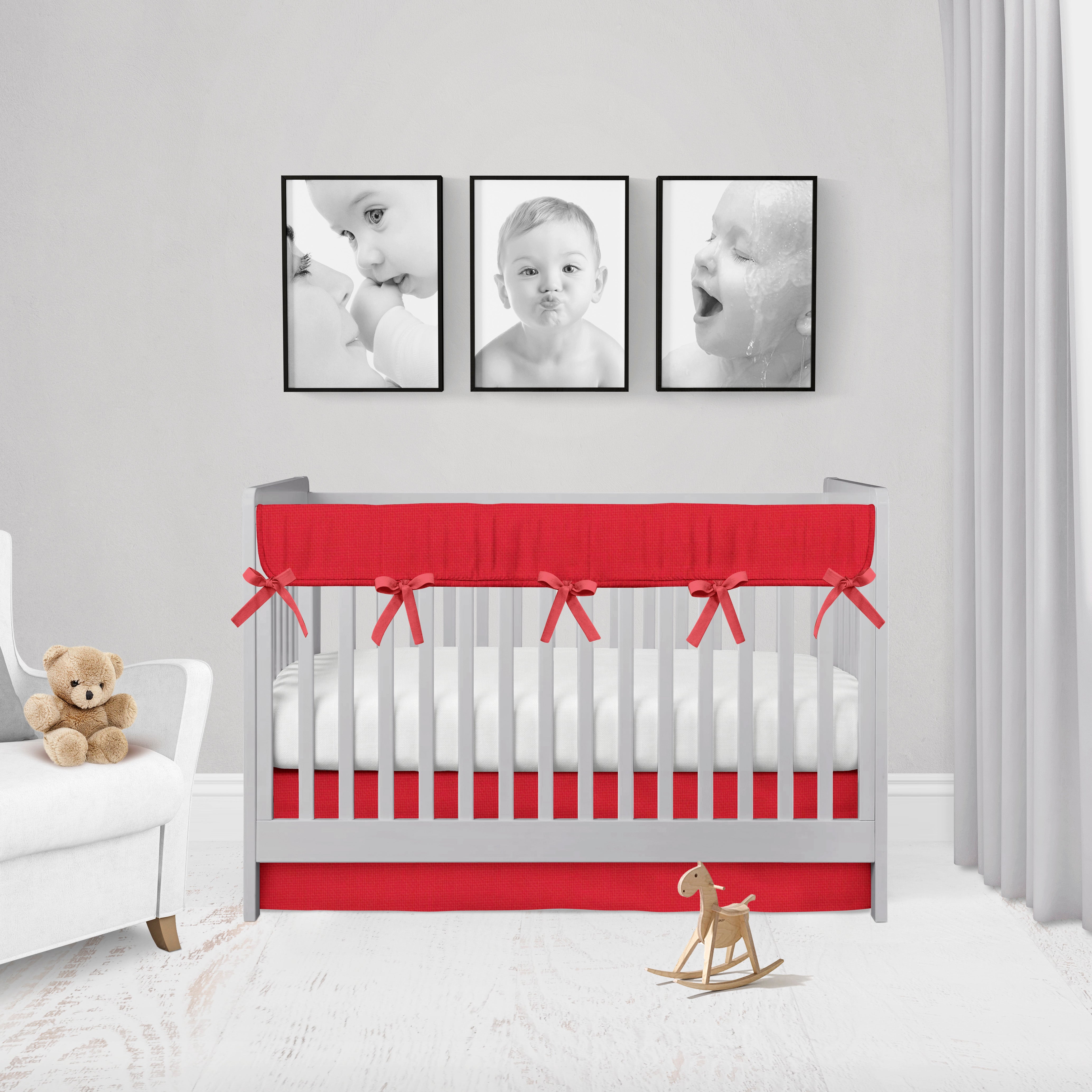 Red Mini Crib Skirt, Crib Rail Teething Cover, Boy Nursery Bedding