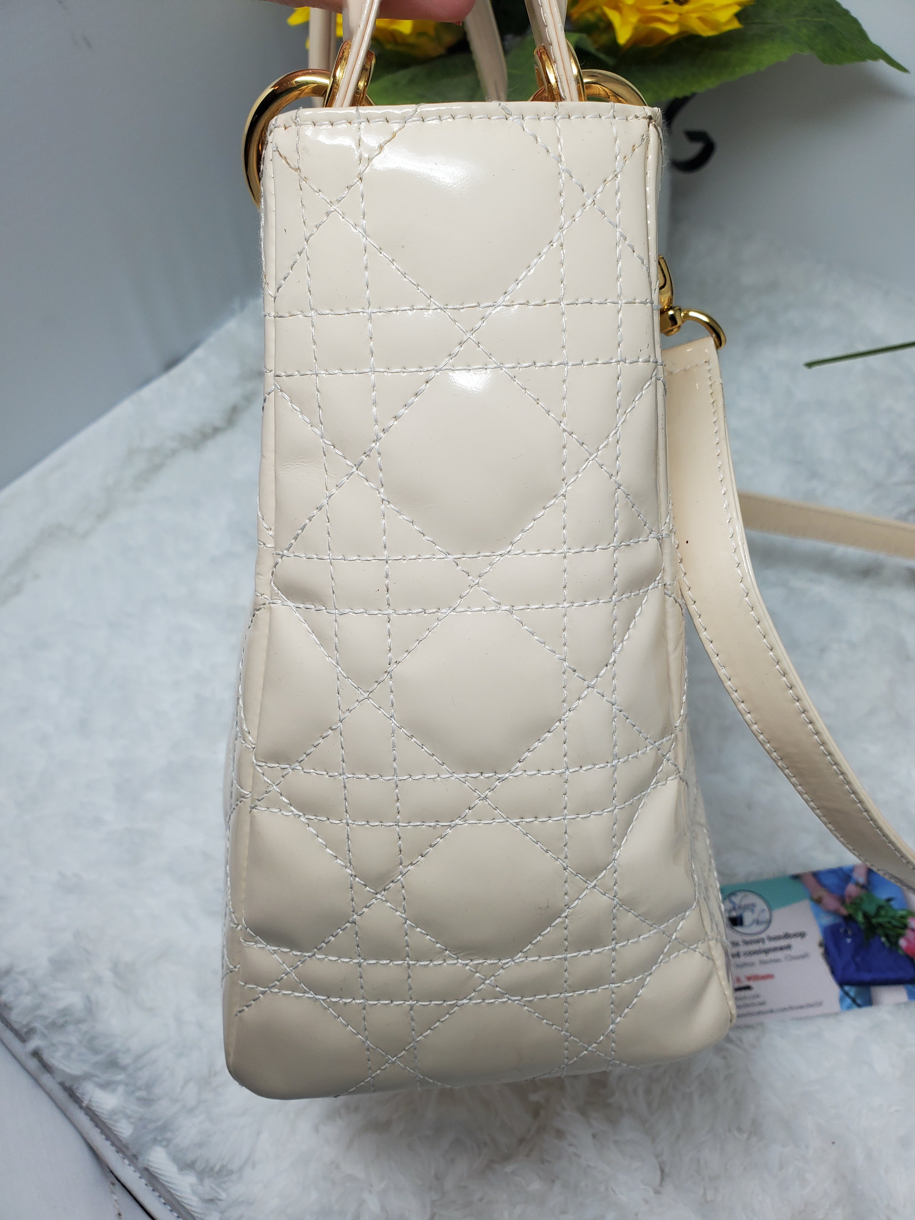 LADY DIOR MEDIUM CANNAGE IVORY PATENT HANDBAG