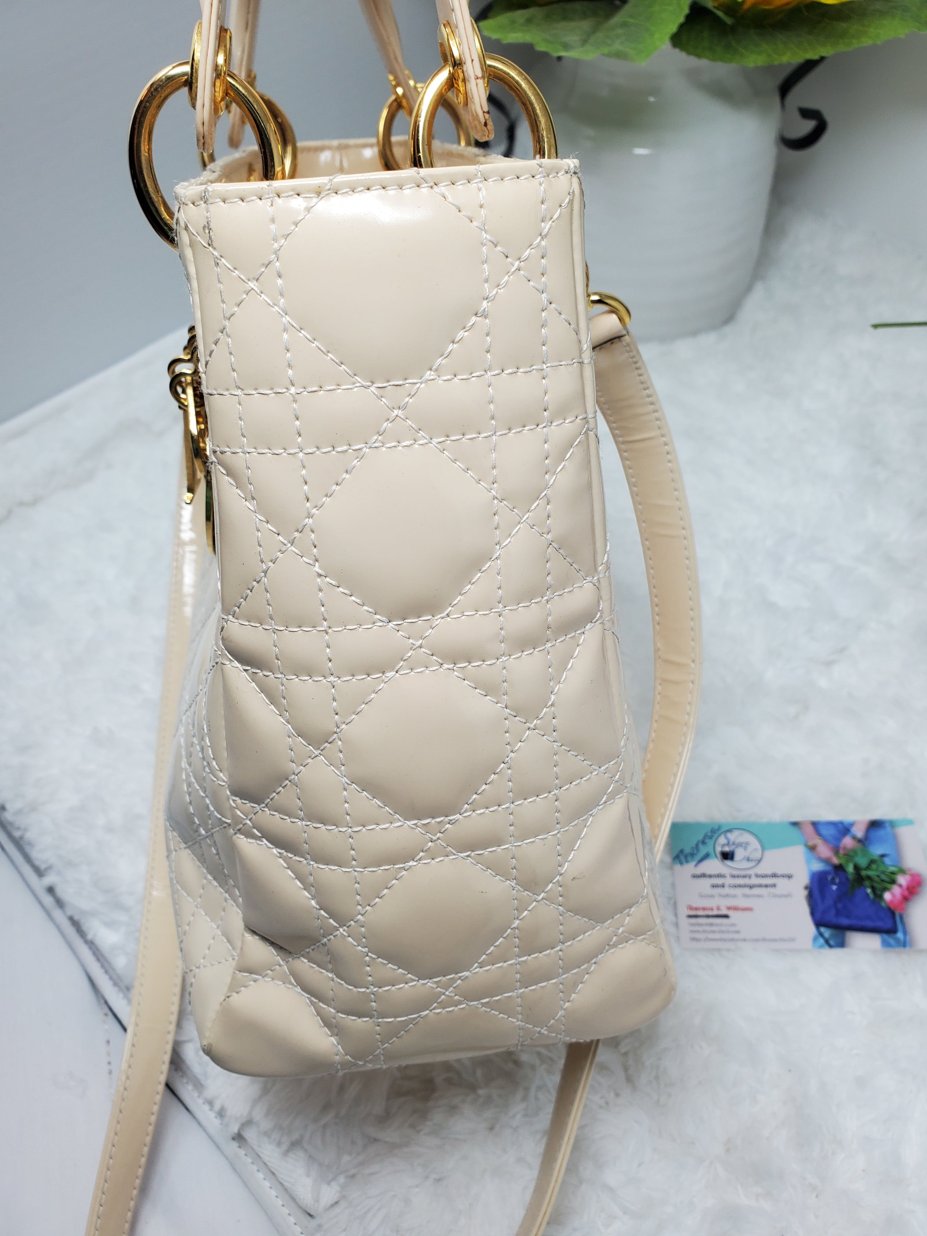 LADY DIOR MEDIUM CANNAGE IVORY PATENT HANDBAG