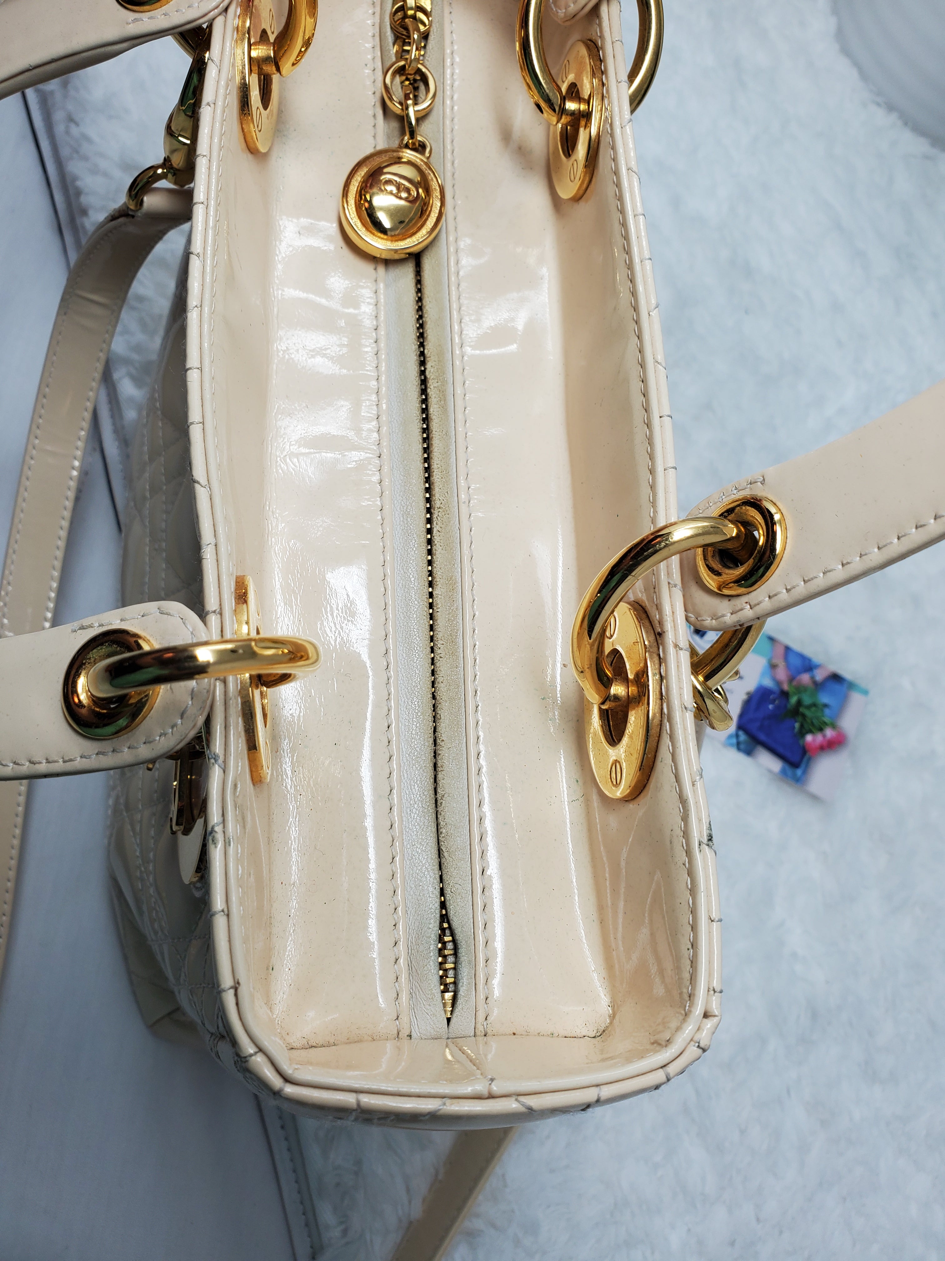 LADY DIOR MEDIUM CANNAGE IVORY PATENT HANDBAG